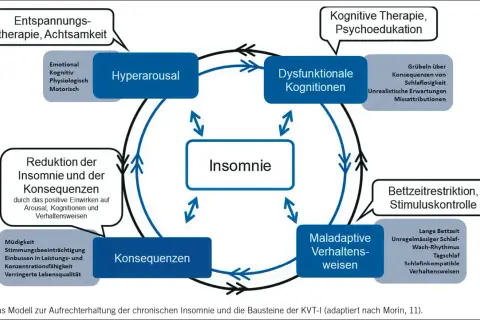 Das Modell zeigt die Aufrechterhaltung von Insomnie und die Bausteine der KVT-I zur Insomnie Behandlung.