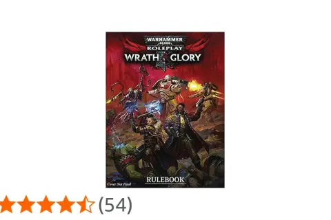 Okładka Warhammer 40,000 Roleplay: Wrath & Glory. Bohaterowie walczą z potworami, w tym z demonette.