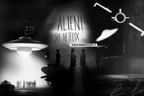 Alieni su Netflix: un'astronave proietta un fascio di luce su un gruppo di persone. La serie "i morti non muoiono" esplora il mistero.