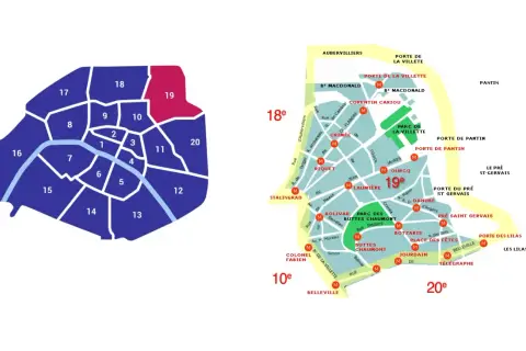 Mapa Paryża z zaznaczonymi dzielnicami, wyróżniona 19. dzielnica.