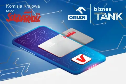 Karta podarunkowa Orlen na tle telefonu z grafiką obwodów drukowanych. Logo "Solidarności" i "Biznes Tank" również widoczne.
