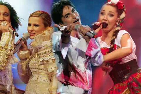 Czterech artystów w barwnych strojach, w tym w ludowym, kto reprezentował Polskę na Eurowizji.