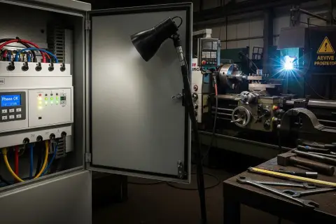 W warsztacie, obok tokarki, gdzie trwa spawanie, znajduje się otwarty panel elektryczny z wyświetlaczem "Phass OK". To przekaźnik kontroli faz, czuwający nad bezpieczeństwem maszyn.