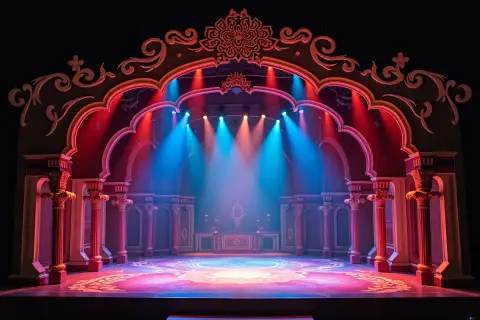 Scena teatralna z orientalnym łukiem, kolumnami i bogatymi rekwizytami teatralnymi, oświetlona niebieskimi i czerwonymi światłami.