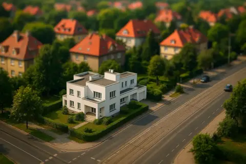 Nowoczesna willa z ogrodem, otoczona drzewami, w dzielnicy Biskupin we Wrocławiu. W tle inne domy z czerwonymi dachami.