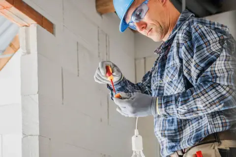 Elektryk w kasku i okularach montuje oprawkę żarówki. Zastanawia się, ile za punkt elektryczny.