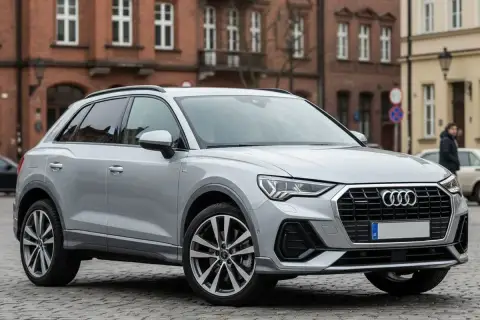 Srebrne Audi Q3 na brukowanej ulicy. Sprawdź atrakcyjną audi q3 cena i wybierz swój wymarzony SUV.