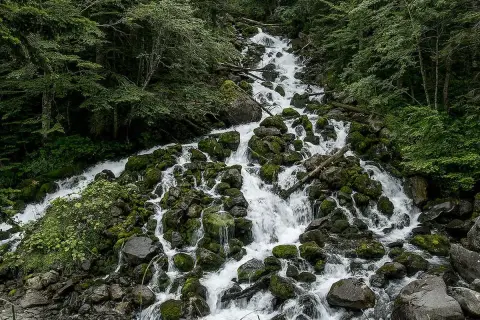 Cascada en los Pirineos, el agua desciende entre rocas cubiertas de musgo, alimentando lagos cristalinos.