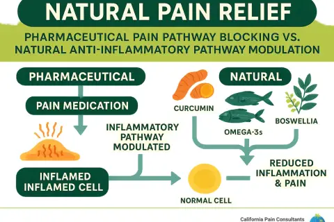 Comparación de alivio del dolor: farmacéutico vs. natural. El natural usa curcumina, omega-3 y boswellia para reducir inflamación, como corticoides naturales.
