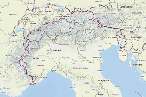 Karte der Via Alpina, roter Weg, durch die Schweiz, Italien und Slowenien.