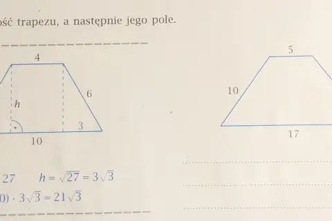 Obliczenia pokazują wzór na wysokość trapezu, gdzie h = 3√3. Obok przykład z innymi wymiarami.