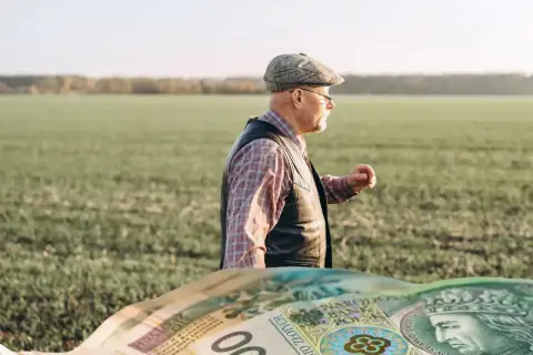 Rolnik w polu zastanawia się, ile wynosi emerytura rolnicza. Na pierwszym planie polskie banknoty.