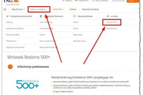 Wniosek Rodzina 500+ w ING. Kliknij "Rodzina 500+" w usługach dodatkowych, aby złożyć wniosek o zasiłek rodzinny.