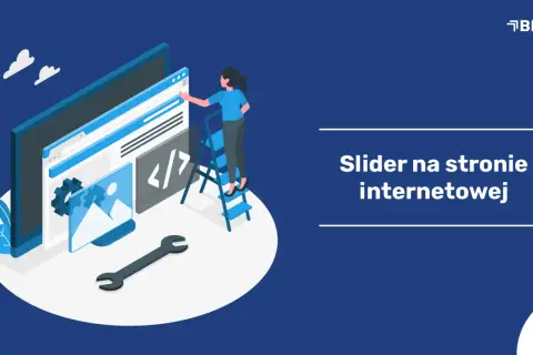 Tworzenie slidera na stronie internetowej: programistka na drabinie edytuje kod i obrazy, obok klucz.