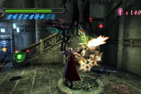 Dante z Devil May Cry 1 walczy z potworem w mrocznym zamku, używając magicznych mocy.