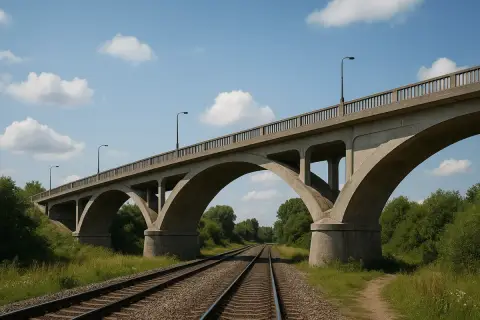 Betonowa estakada nad torami kolejowymi, z łukami i latarniami. To właśnie estakada co to za konstrukcja.