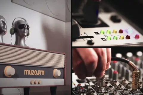 Dwie głowy w słuchawkach na tle retro radia z napisem muzo.fm. Obok mikser z migającymi diodami i podłączanym kablem.