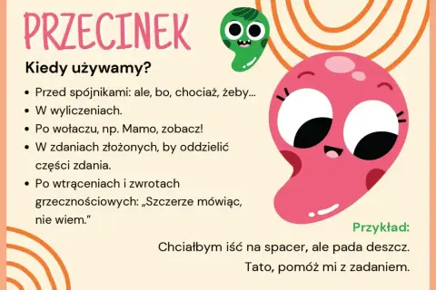 Ilustracja wyjaśnia, kiedy używamy przecinek, z zabawnymi postaciami.