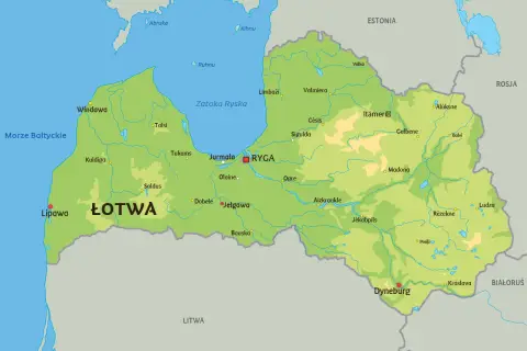 Mapa Łotwy z zaznaczonymi miastami, rzekami i wybrzeżem Morza Bałtyckiego. Na południu widoczna Litwa, z którą Łotwa graniczy.