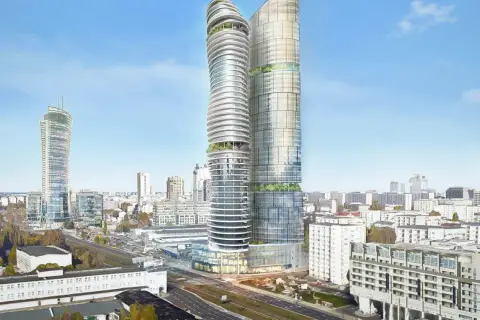Wizualizacja nowoczesnych wieżowców w centrum Warszawy. Czy spółka Srebrna nadal planuje budowę wieżowca w tym miejscu?