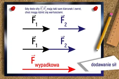 Ilustracja pokazuje dodawanie sił o tym samym kierunku. Siła wypadkowa jest sumą sił F₁ i F₂.