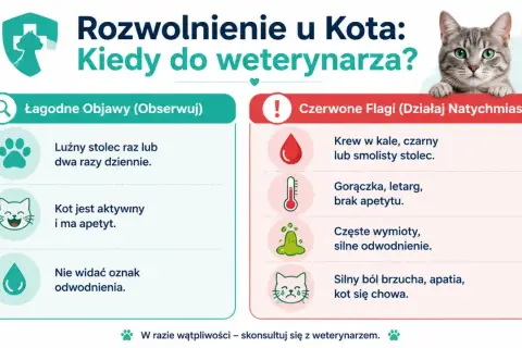 Rozwolnienie u kota: łagodne objawy (luźny stolec, kot aktywny) i czerwone flagi (krew, gorączka, wymioty), kiedy do weterynarza.