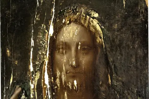 Das **Salvator Mundi Original** zeigt ein stark beschädigtes Porträt Christi mit goldener Aura.