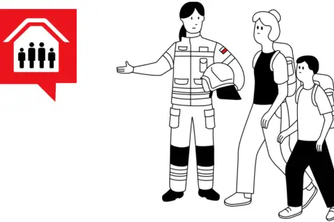 Strażaczka w mundurze, która nie dba o swój wygląd, prowadzi rodzinę z plecakami. Obok czerwony symbol domu z ludzikami.
