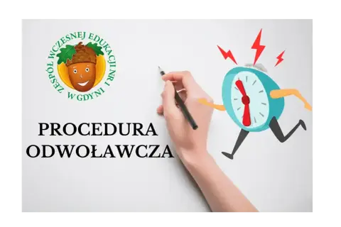 Ręka pisze ołówkiem tekst "PROCEDURA ODWOŁAWCZA" obok biegnącego, zdenerwowanego budzika.