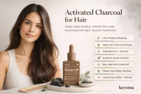 Mujer con cabello largo y sedoso junto a aceite Batana y carbón activado para el cabello, que promete limpieza profunda y brillo.