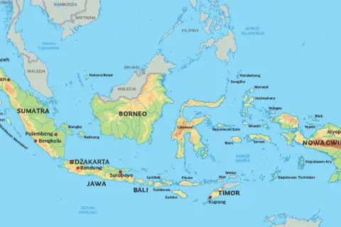 Mapa Indonezji, gdzie jest Bali, pokazuje wyspy Sumatra, Jawa, Borneo, Celebes, Timor i Nowa Gwinea.