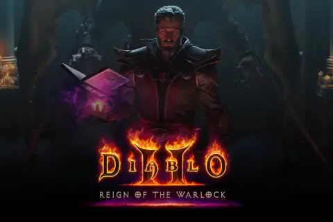 Mroczny mag z księgą zaklęć i płonącymi dłońmi, zapowiadający Diablo 2 Resurrected PS5.