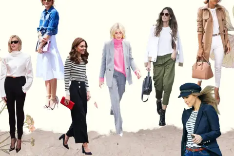 Mujeres con estilos variados, mostrando cómo lograr colores que combinen en atuendos elegantes y casuales, desde trajes de chaqueta hasta looks con gabardina.