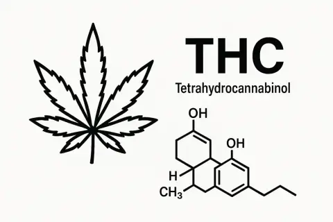 Liść konopi i wzór chemiczny THC (Tetrahydrocannabinol).