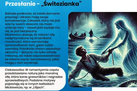 Świtezianka streszczenie: młody mężczyzna w wodzie, wciągany przez świetlistą nimfę, łódź z ludźmi na tle jaskini.