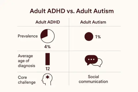 Porównanie ADHD i autyzmu u dorosłych: autyzm dotyka 1% populacji, a jego główne wyzwanie to komunikacja społeczna.