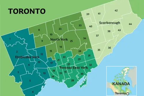 Mapa pokazuje, gdzie jest Toronto, podzielone na dzielnice: Etobicoke York, North York, Scarborough i Toronto East York.