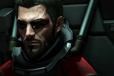 Adam Jensen w okularach, z zarostem i cybernetycznymi implantami na czole. Jego postawa sugeruje zmęczenie, jakby był ostatnią deską ratunku, gdy fabuła utknęła, co jest klasycznym przykładem skutków nadmiernego używania deus ex machina w rozwiązaniu f...