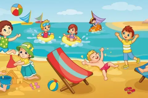 Dzieci bawią się na plaży, budując zamki z piasku i pływając. Miejmy nadzieję, że przyszłe pokolenia będą mogły cieszyć się takimi widokami, mimo zmian klimatycznych.