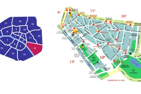Mapa Paryża z zaznaczonymi dzielnicami. 12 dzielnica Paryża, oznaczona kolorem różowym, znajduje się na wschodzie.