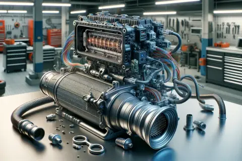 Nowoczesny silnik z widocznymi elementami, jakby czekał na diagnozę DTC P0420 Ford.