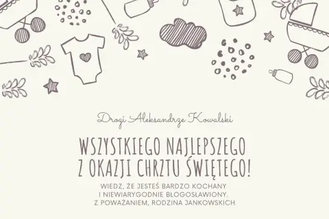 Urocze życzenia na chrzest dla Aleksandra Kowalskiego. Rysunki wózków, ubranek i gwiazdek tworzą ciepłą atmosferę.