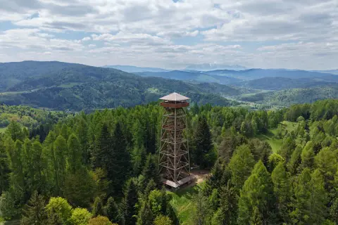 Wieża widokowa w otoczeniu lasów, z której rozciąga się panorama na górzyste tereny w okolicy Muszyny Zdroju.