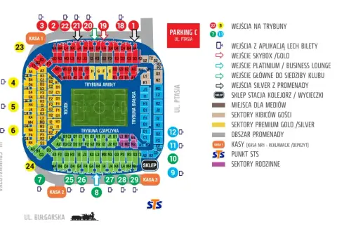 Schemat stadionu Lecha Poznań z podziałem na sektory, wejścia i kasy. Informacje o **lech poznań bilety cennik** znajdziesz na mapie.