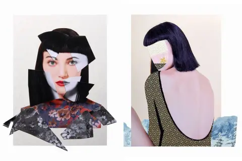 Zwei Gesichter in einer digitalen Collage: Ein zerstückeltes Porträt mit roten Lippen und ein Rückenansicht mit gemustertem Stoff.