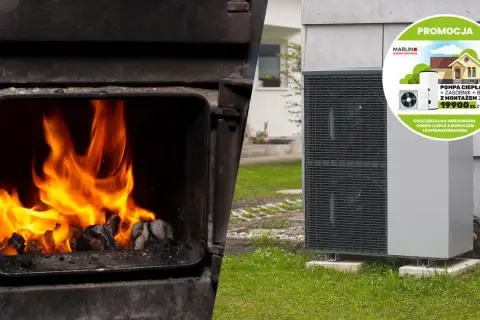 Dymiący piec i nowoczesna pompa ciepła na tle domu.