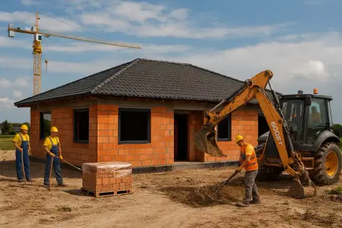 Budowa domu w toku: koparka pracuje, budowlańcy układają cegły, a dźwig czeka na swoją kolej. Zastanawiasz się, ile trwa budowa domu?