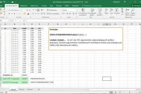 Arkusz kalkulacyjny Excel z danymi i opisem funkcji ODCH.STANDARDOWE.