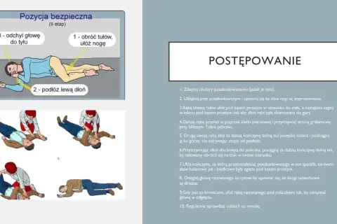 Pozycja bezpieczna po utracie przytomności: obróć tułów, ułóż nogę, podłóż dłoń, odchyl głowę do tyłu. Instrukcja postępowania.