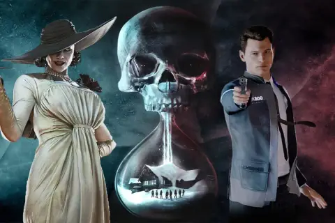 Kobieta w kapeluszu, klepsydra z czaszką i domkiem, oraz android z pistoletem. Klimat gier podobnych do Until Dawn.